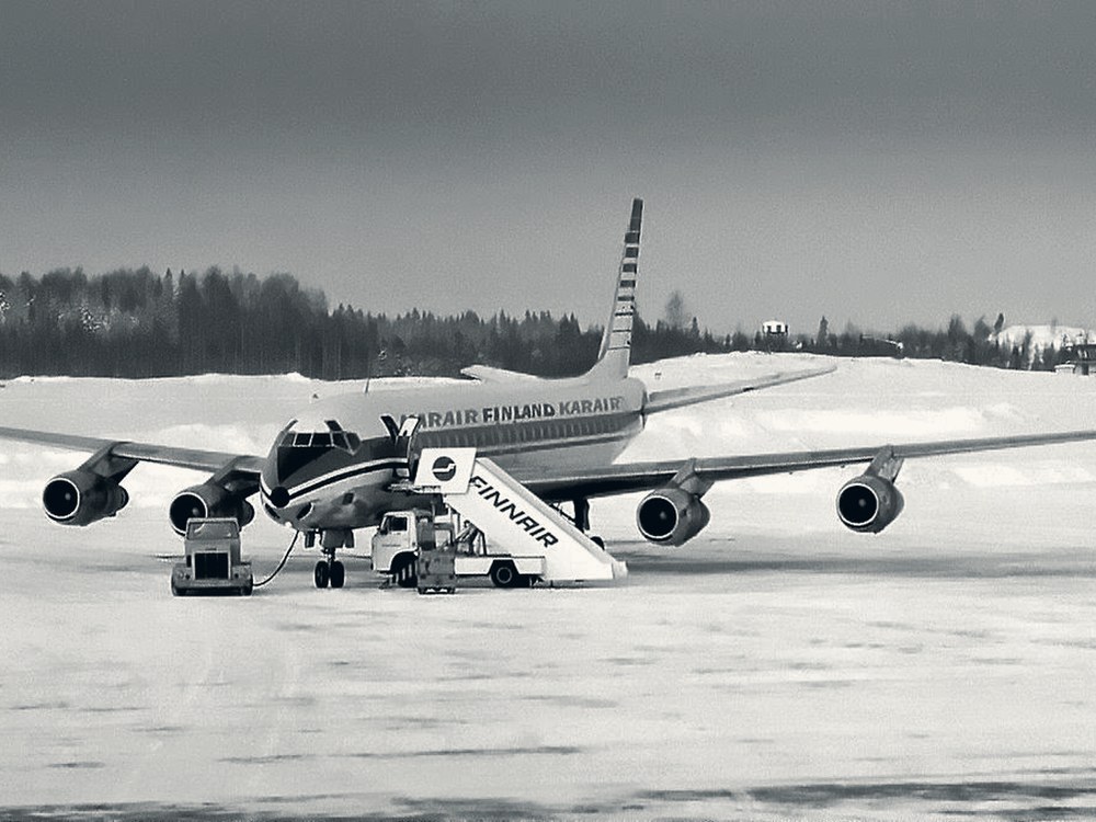 Historical photograph of a Finnair aircraft on the apron