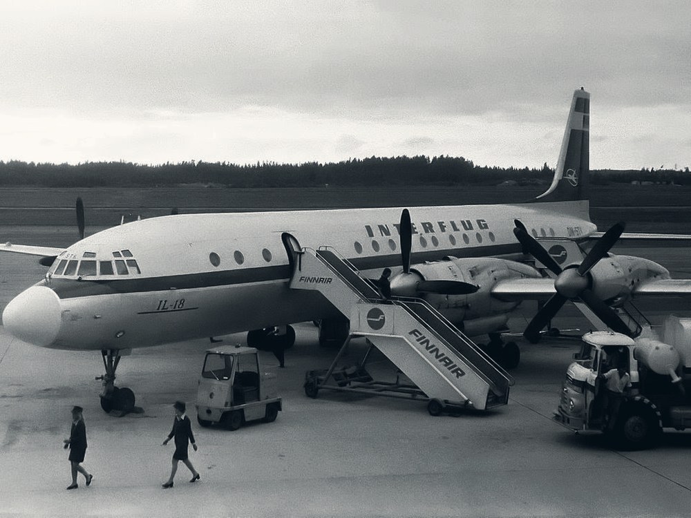 Historical photograph of a Finnair aircraft on the apron